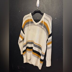 Maurices V-Neck Cable Knit Sweater with Cream, Gray, and Gold Stripes Size 2X